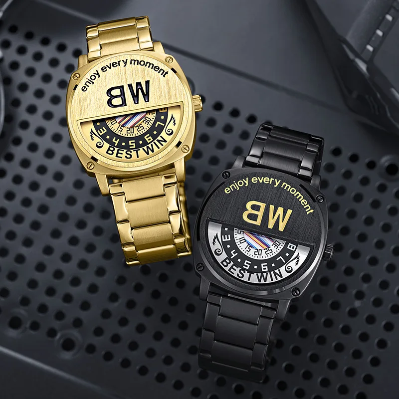 Luxury Men Watch Unusual New Style Conceptual Dial Men's Quartz Wristwatch Full Gold Black Reloj Brand Watches Hip Hop Man Clock