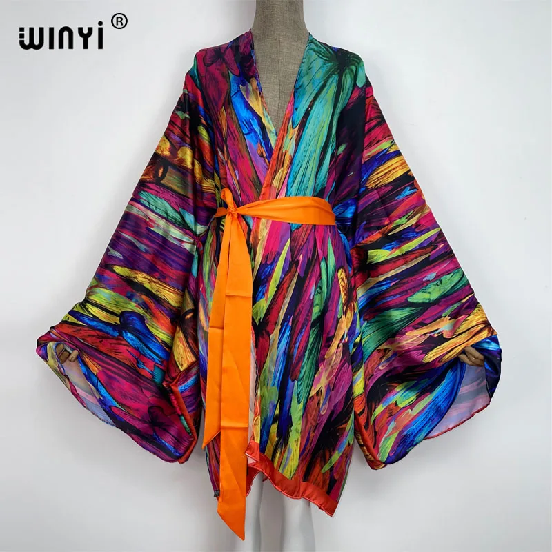 WINYI elegantní pláž bikiny sladké paní boho barva tisk sebe páskem přední otevřený dlouhé kimono pláž tunika ženy balit šaty kaftan