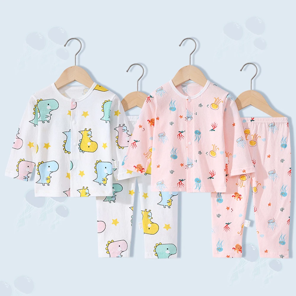 

Детская домашняя воздухопроницаемая одежда, хлопковый тонкий летний детский пижамный комплект с длинным рукавом для мальчиков и девочек, весенняя одежда