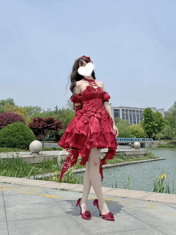 Red Camellia Dress Cos Red Lolita Neck Hanging Dress Flower