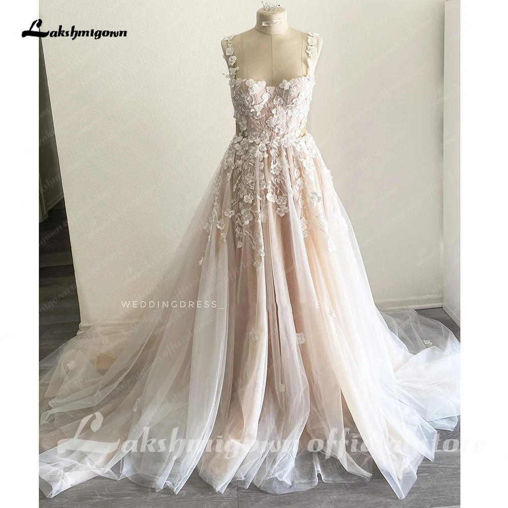 Lakshmigown Light Champagne Wedding Dresses 3D Flowers Spathetti Straps A Line Wedding Gown Beach Sweetheart Wedding Gowns