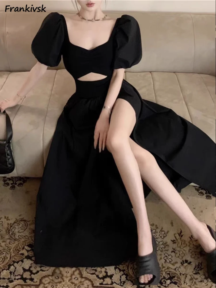 

Женское ажурное платье макси Y2k, привлекательное винтажное платье с длинным рукавом и Боковым Разрезом в Корейском стиле, яркое платье макси, Новинка