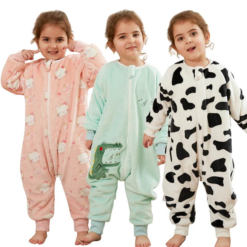 Cartoon Kids Sleeping Bags for Boys Girls 1 to 2 3 4 5 6 Years Winter Children Pyjamas Pink Cat Green Dinosaurio Toddler Onesies