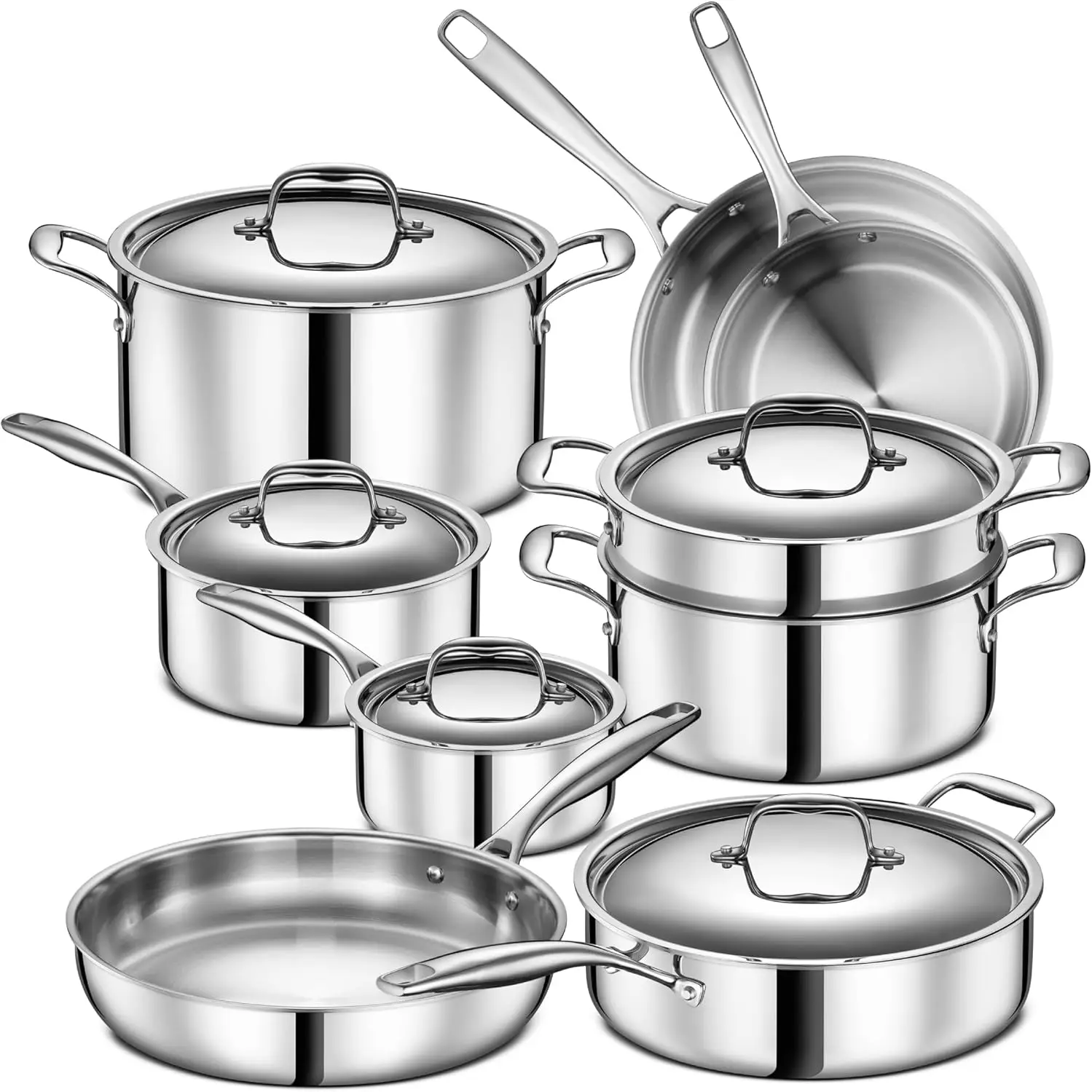 5 Ply Stainless Steel Pots and Pans Set 14-Piece, Induction, Non-Toxic, Oven Safe Best 18/0 Full Clad