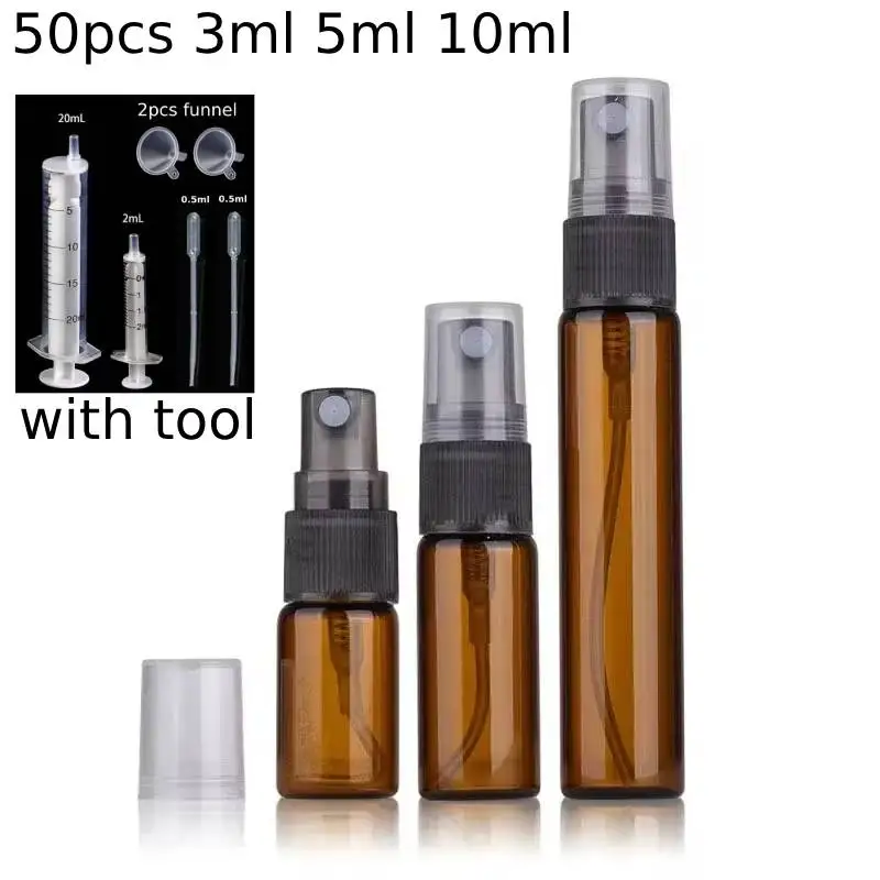 50pcs 3ml 5ml 10ml Glass Perfume Bottle kit Atomizer Container Glass Spray Bottles for Essential Oils Empty Amber clear Bottle 1