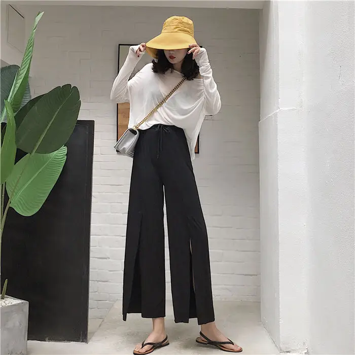 joggers Korean Casual Loose Wide Pants Front Split Wide Leg High Waist Style Streetwear Fashion Slim Long Trousers New Lady Clothing white capris