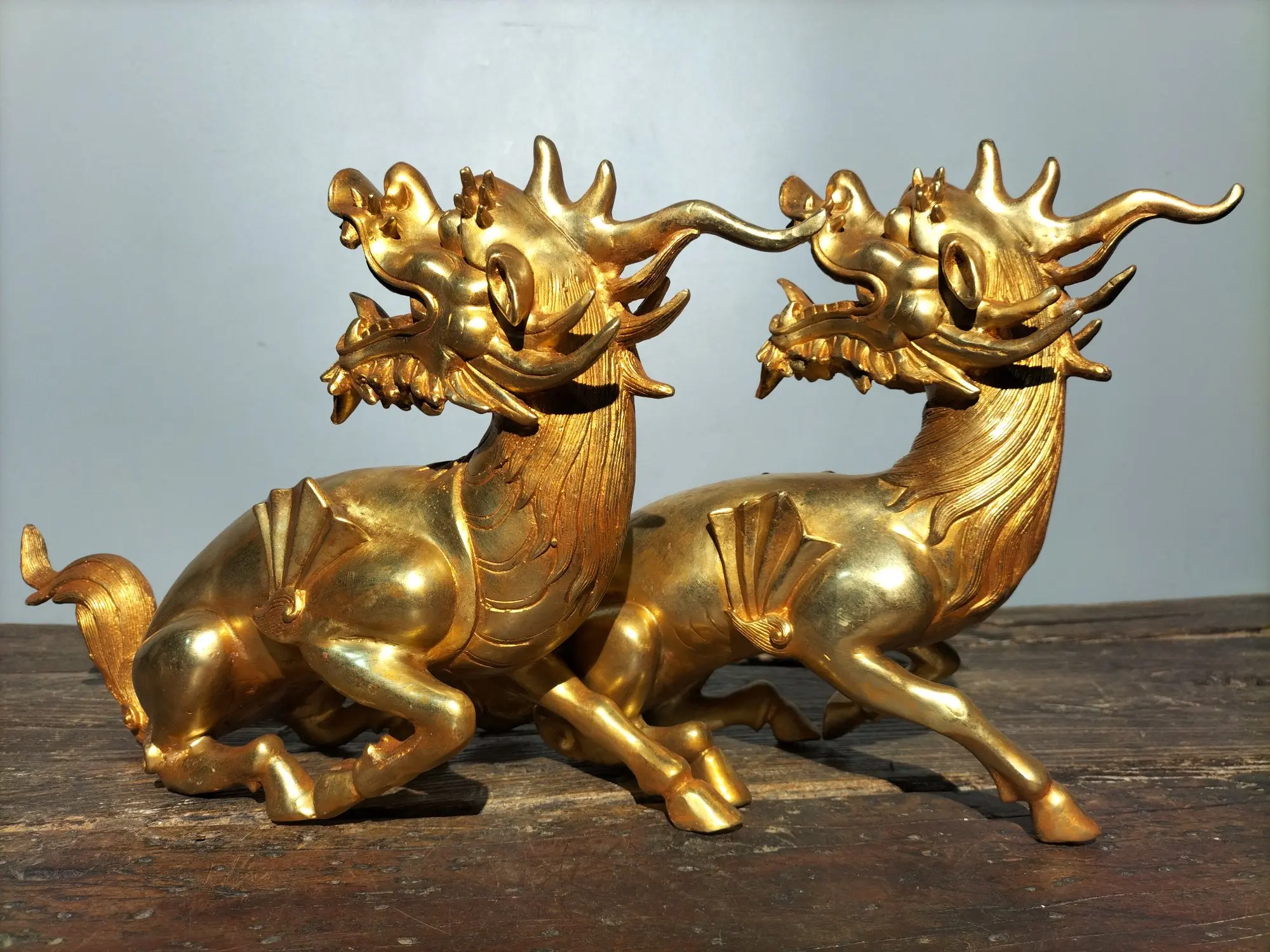 

16"Tibetan Temple Collection Old Bronze Gilt Kirin Unicorn Statue a pair unicorn Gather fortune ornament Town House Exorcism