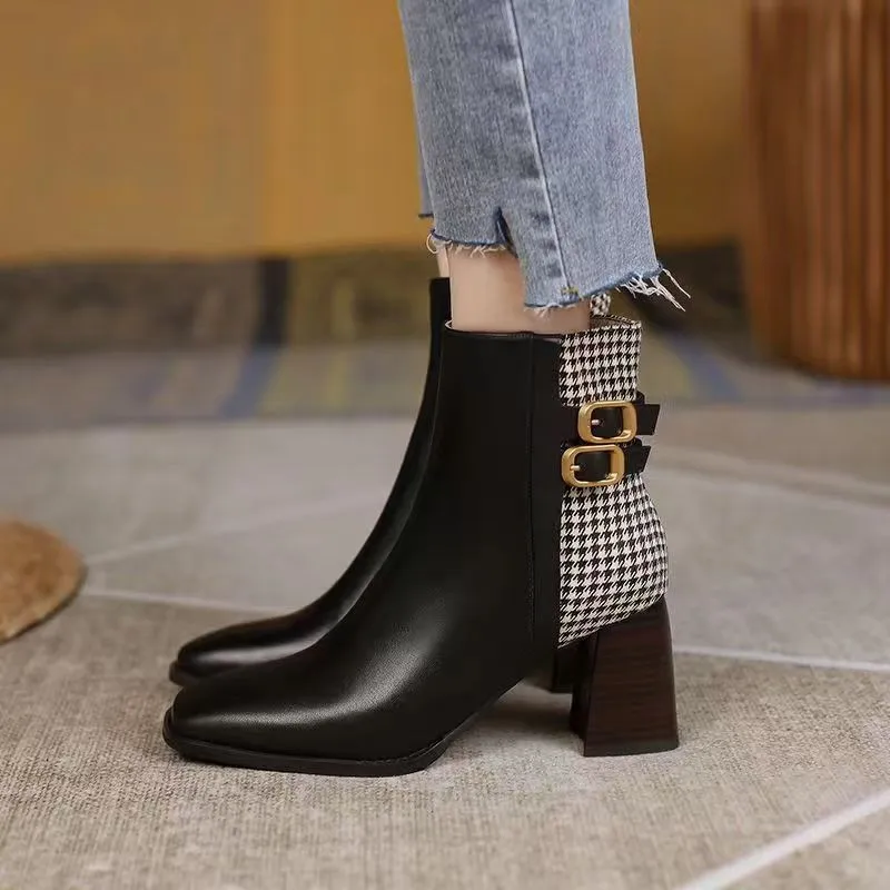 Winter Plush High Heels 2023 High Quality Women's Boots Fashion Square Toe Ladies Ankle Boots Elegant Dress Office Shoes Female