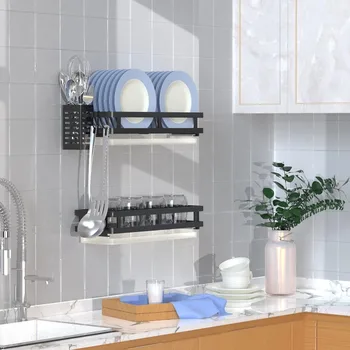 Dish Rack, Wall Mounted Stainless Steel Dish Drying Rack, Kitchen Storage w/ Dish Drainer and Hanging Chopsticks Holder (2 Tier) 2