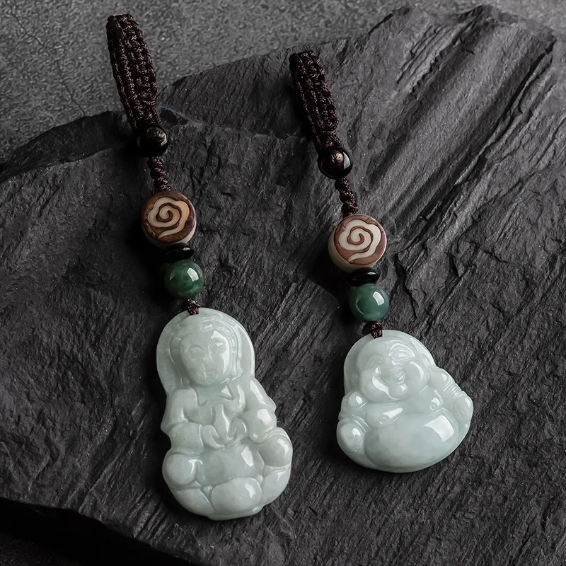 Original Natural A Jade Buddha Goddess Of Mercy Key Pendant Jadeite Car Men's Women's Jewelry Charms Bag Hang Drop Shipping
