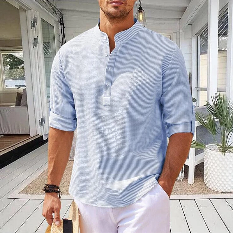

New Cotton Linen Shirts Men's Solid Color Pineapple Plaid Long Sleeve Shirts Autumn Stand Collar Casual Men Shirts Plus Size 5XL