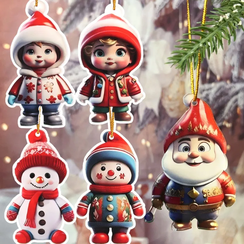Christmas Character Pendant Acrylic Flat Pattern Santa Claus Boys and Girls Xmas Tree Hanging Car Interior Decoration Pendants