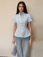 Blazer élégant pour femme, bleu, col montant, simple boutonnage, manches bouffantes, nouvelle collection printemps 2026, veste de bureau tendance 4