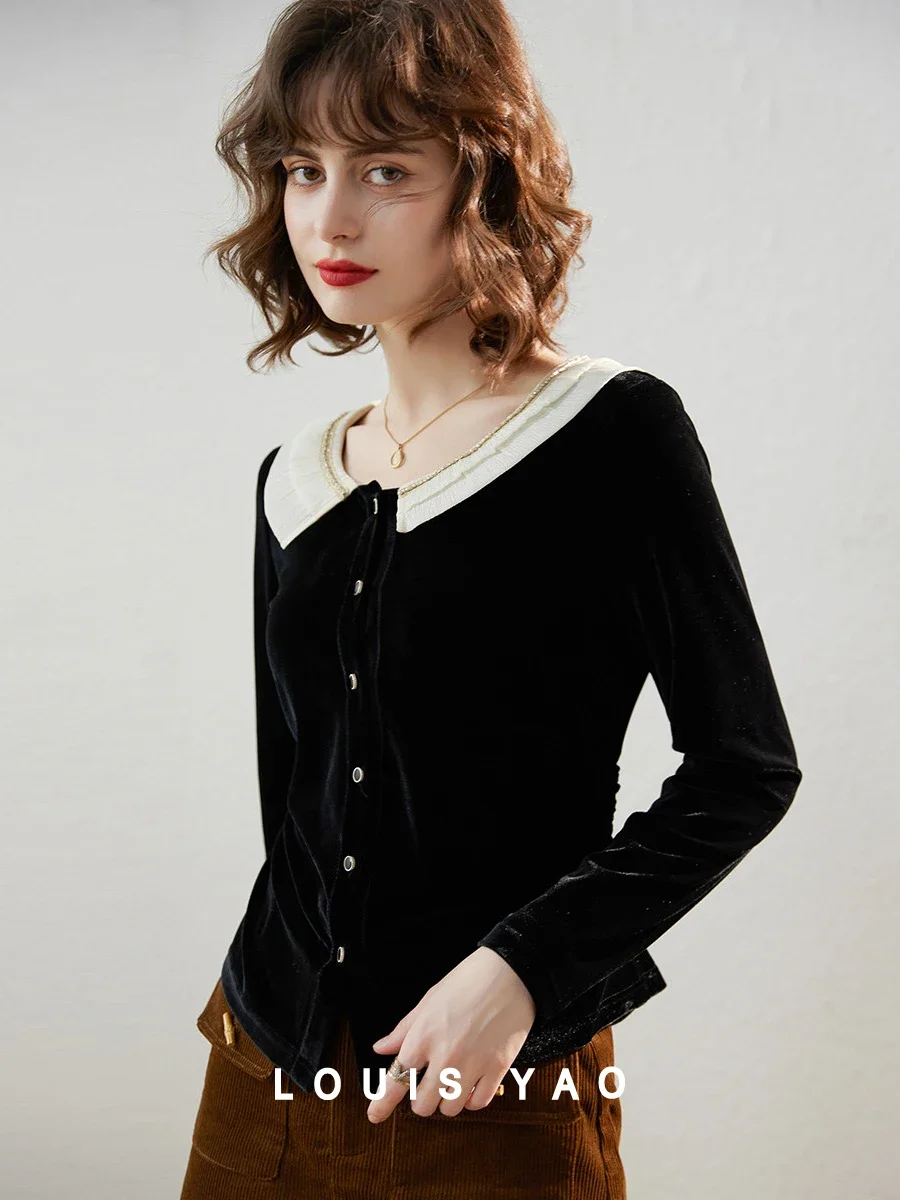 

Женский бархатный кардиган LOUIS YAO, осенне-зимние женские топы контрастных цветов с воланом, круглым вырезом и длинным рукавом, 2023