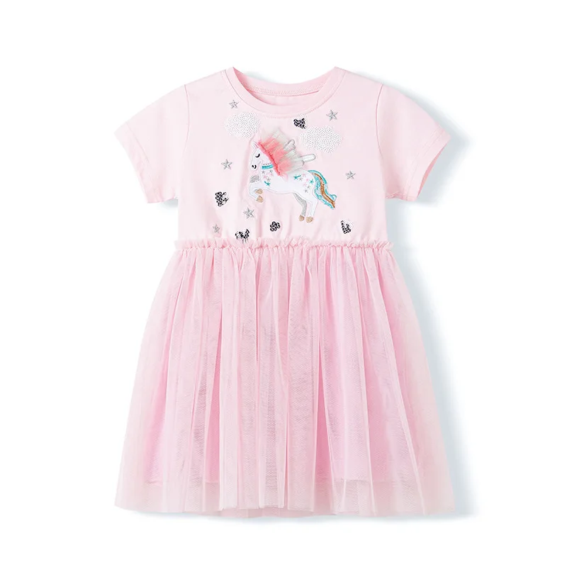 Children's Clothing Baby Girls 2025 Summer Embroidered Cartoon Casual Unicorns Dresses Pink Dresses Kids Clothes