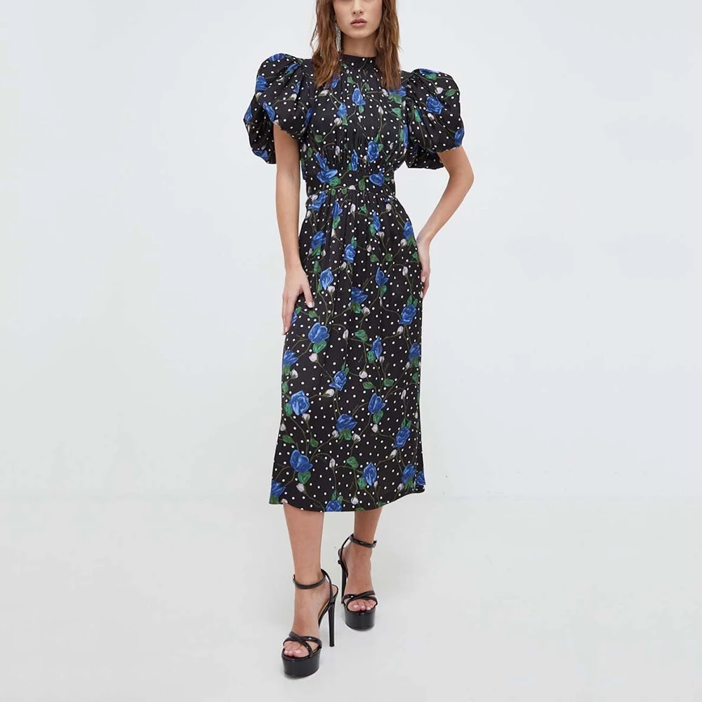 

Women's Floral Printed Backless Dress, Temperament Commuter, Round Neck, Bubble Sleeve, Long Dresses, New, Summer, Y2k, 2024