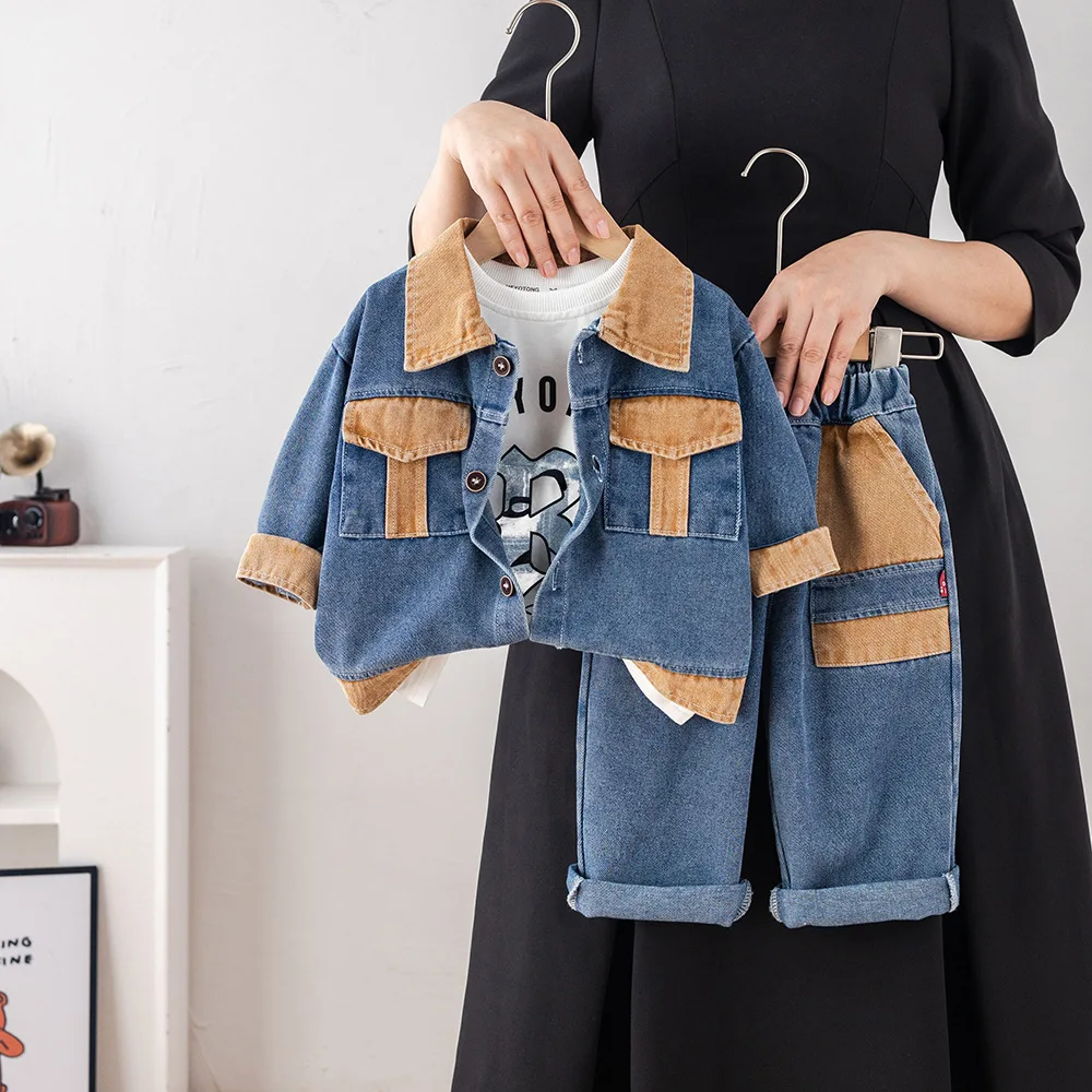  남아 3종 세트 키즈 배색 의상 데님 재킷 + 청바지 + 티셔츠 아동 캐주얼 의류 (0-5세)