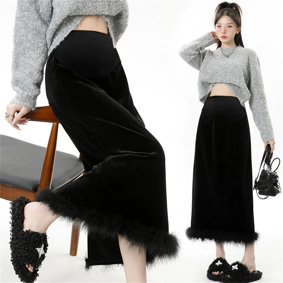 Pregnant women's skirt Black thick velvet skirt autumn and winter plush wrapped hip long straight tube slit