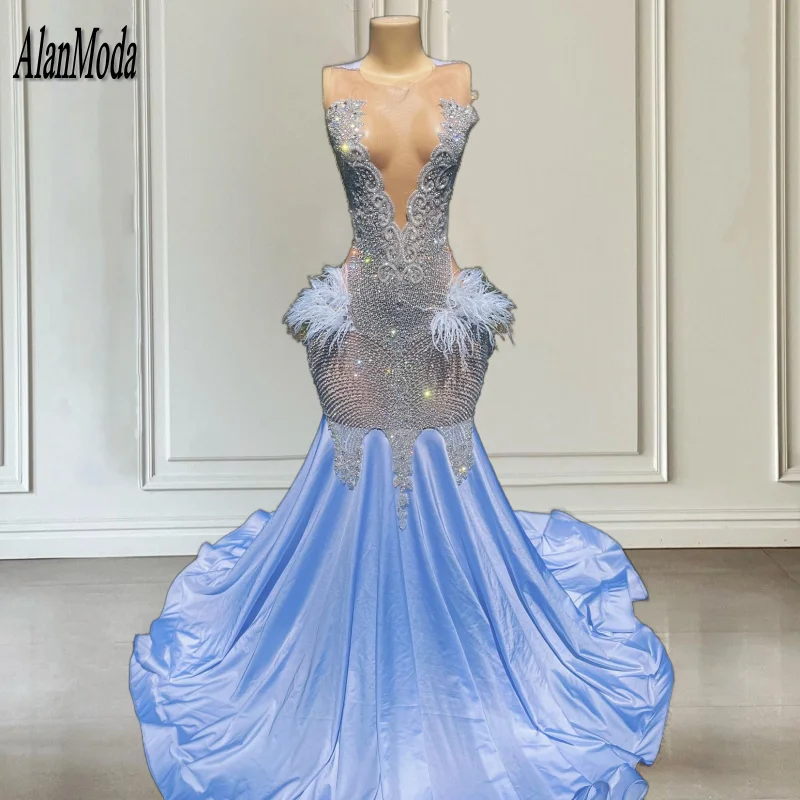 

2024 Mermaid Prom Dresses For Women Sheer Neck Feathers Rhinestone Evening Gowns Long Satin Vestidos De Fiesta Party Dress