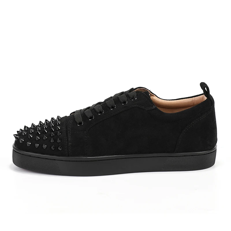 large size mens casual studded shoes lace-up cow suede leather rivets shoe stage singer DJ dress black flats spikes sneakers man 3
