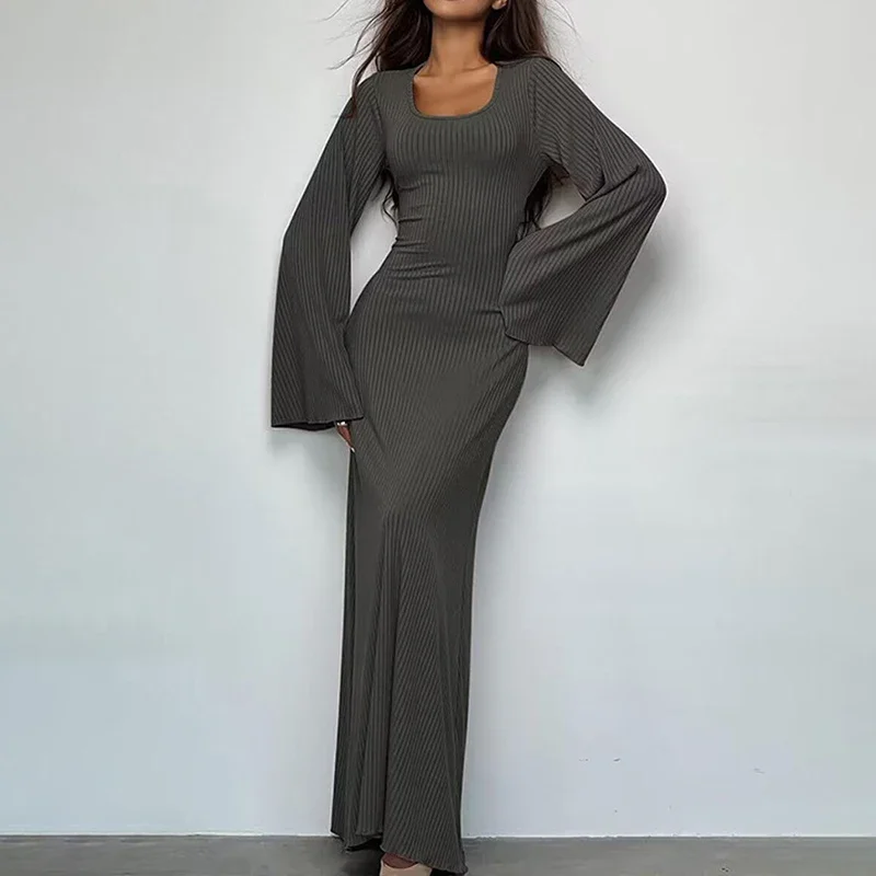 

Women Flare Long Sleeve Knitted Hip Package Dress Autumn U-neck Empire Ribbed Long Dresses Sexy Club Floor-length Dresses