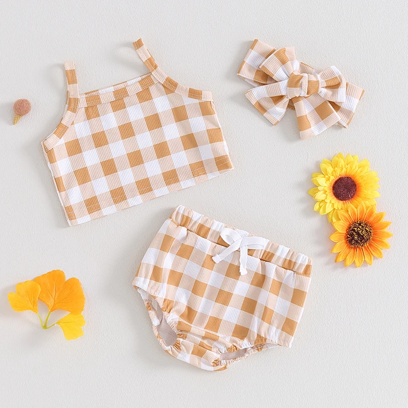 Description Picture 4 of itemInfant Girl Summer Clothes Plaid Print Sleeveless Cami Tops with Shorts and Headband 3 Pcs Outfit