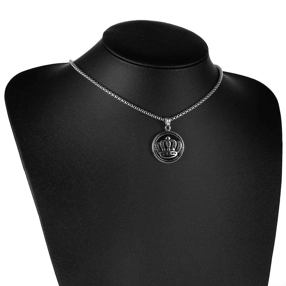 Nabest Vintage Crown Pendant Necklace Men Hip-hop Street Fashion Stainless Steel Necklace Box Chain Gift for Boyfriend