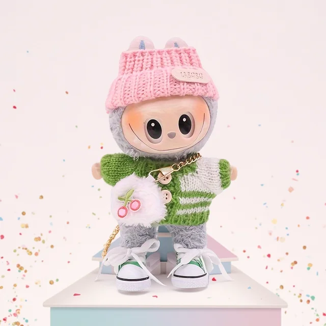 Labubu 17cm Mini Doll Clothes Set – Solid Color Sweater, Suspender Pants, Floral Dress & Shoes, Perfect Gift 4
