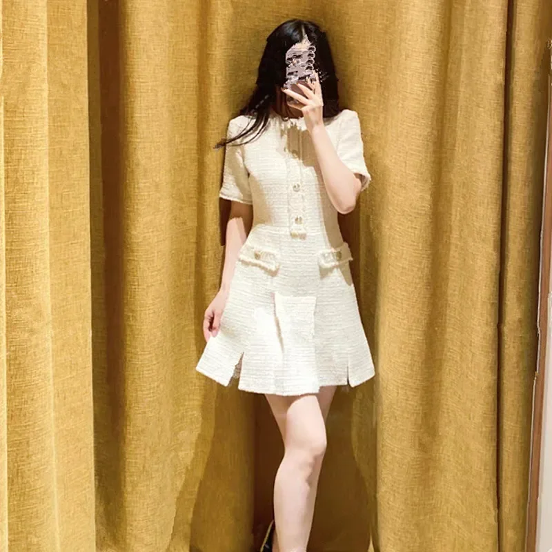 

Женское твидовое мини-платье, Элегантное однобортное платье с круглым вырезом и коротким рукавом, лето 2024