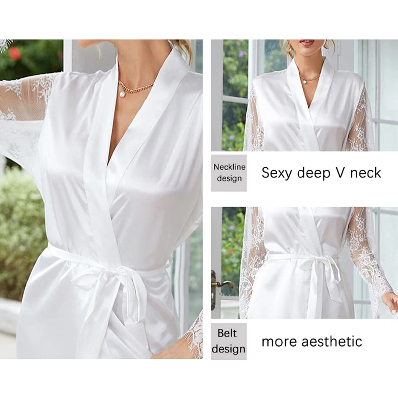 Fashion Sexy Pajama Women Bathrobe Lace Lingerie Milk Silk Top Comfortable Ladies V Long-Sleeve Nightdress Sleepwear women sleepwear sleepwear pajamas