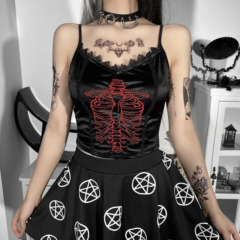 Goth Emo Embroidery Gothic Aesthetic Crop Tops Women Grunge Black Punk Sexy Bodycon Chemise Fashion Alternative Apparel Aliexpress