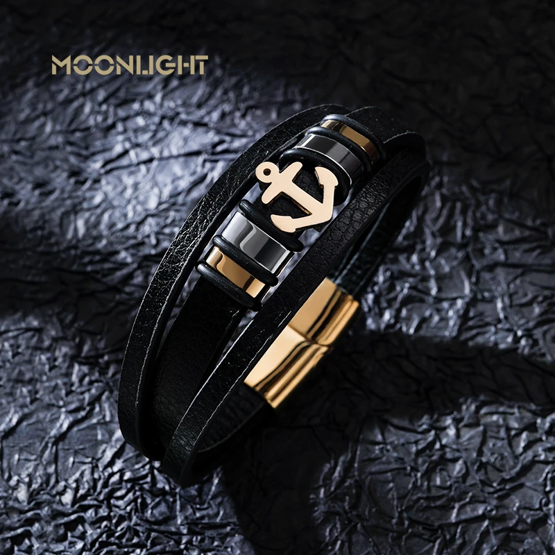 

MOONLIGHT Classic design Anchor Shape Multi-layer Bracelet Genuine Braided Leather Bracelet for Man Fashion Jewelry Accessories