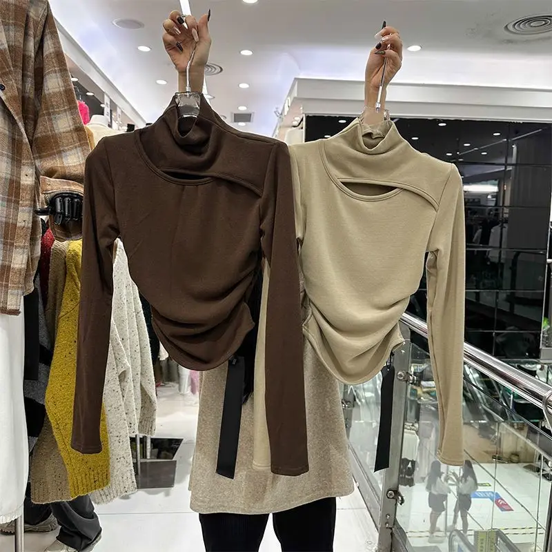 

Оптовая продажа, осенне-зимние футболки с высоким воротником, женские футболки с длинным рукавом, облегающий топ с вырезами, Женская однотонная короткая футболка