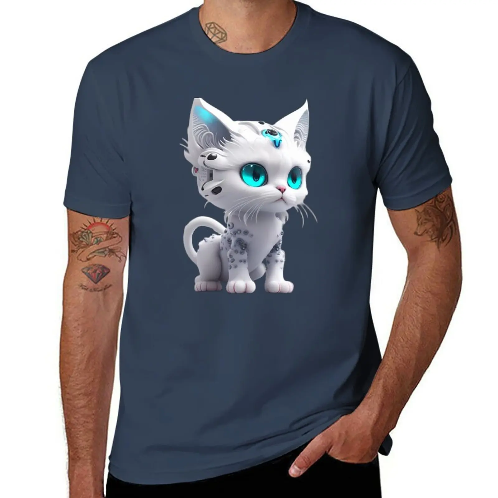 

New White Cyborg Cat T-Shirt vintage t shirt korean fashion t shirts for men