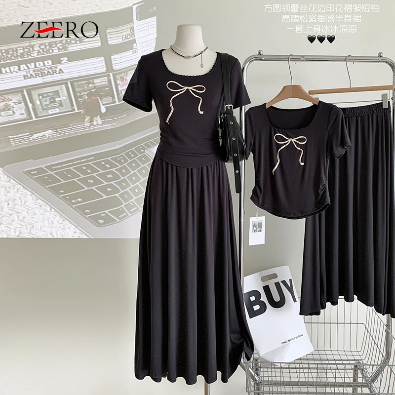 

Женский Повседневный комплект из 2 предметов, черная футболка с коротким рукавом и круглым вырезом с бантом и принтом и длинная юбка с эластичным поясом, комплект для отдыха на лето