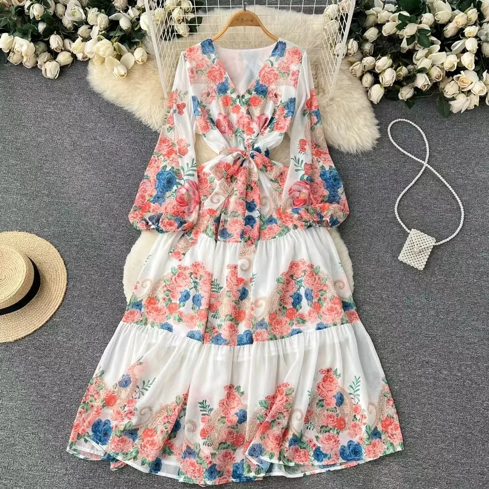 

Summer Fall White Print Lapel Neck Lantern Sleeve Women Dress Temperament Belt Tunic Slim Bohemain Chiffon Holiday Maxi
