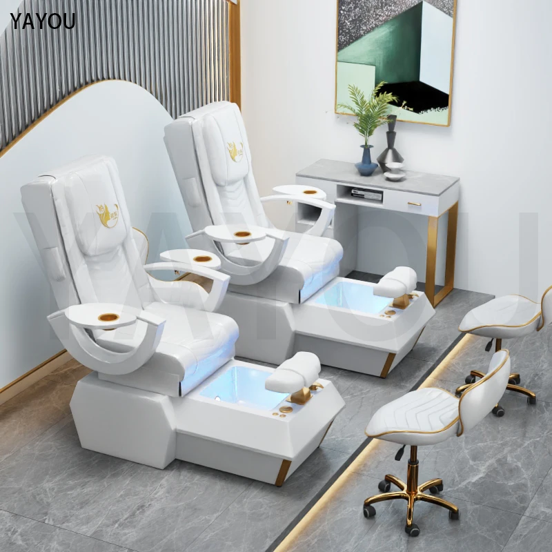 Pedicure Chair, Luxurious White Leather Massage Foot Therapy, Spa Massage Chair, Nail Salon Beauty Furniture