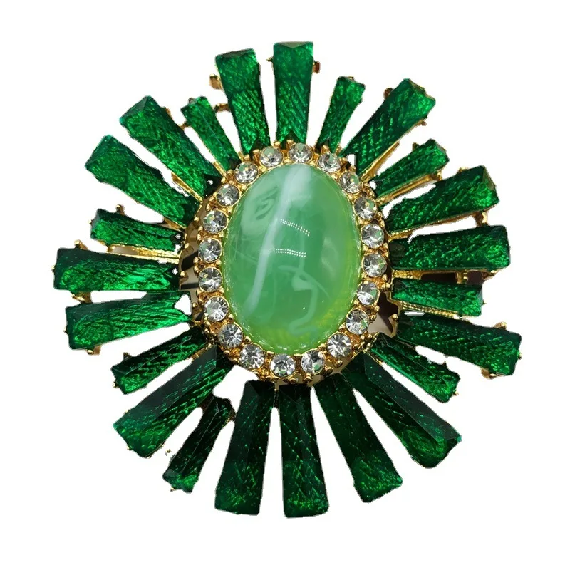 French vintage luxurious green striped sunflower brooch and cloud patterned earrings