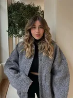 2023 Spring Warm Gray Long Sleeve Bomber Jacket Women's Outerwear With Button Pockets Jacket Coat Thicken Coat Top For Women