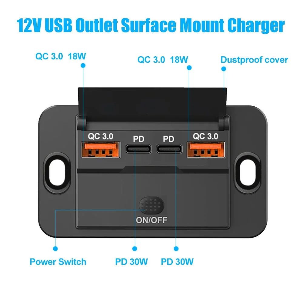Dual PD USB C Adapters Outlet Car Charging Port Socket Wall Mount Accessories for Boat Marine Campers RV Truck Golf Cart 12/24V