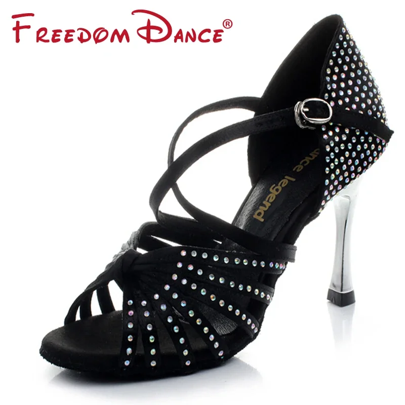 Dance Shoes Satin Upper Rhinestones Women Latin Dance Shoes Ballroom Shoe Sandals 3.45" Gold Heel Girls