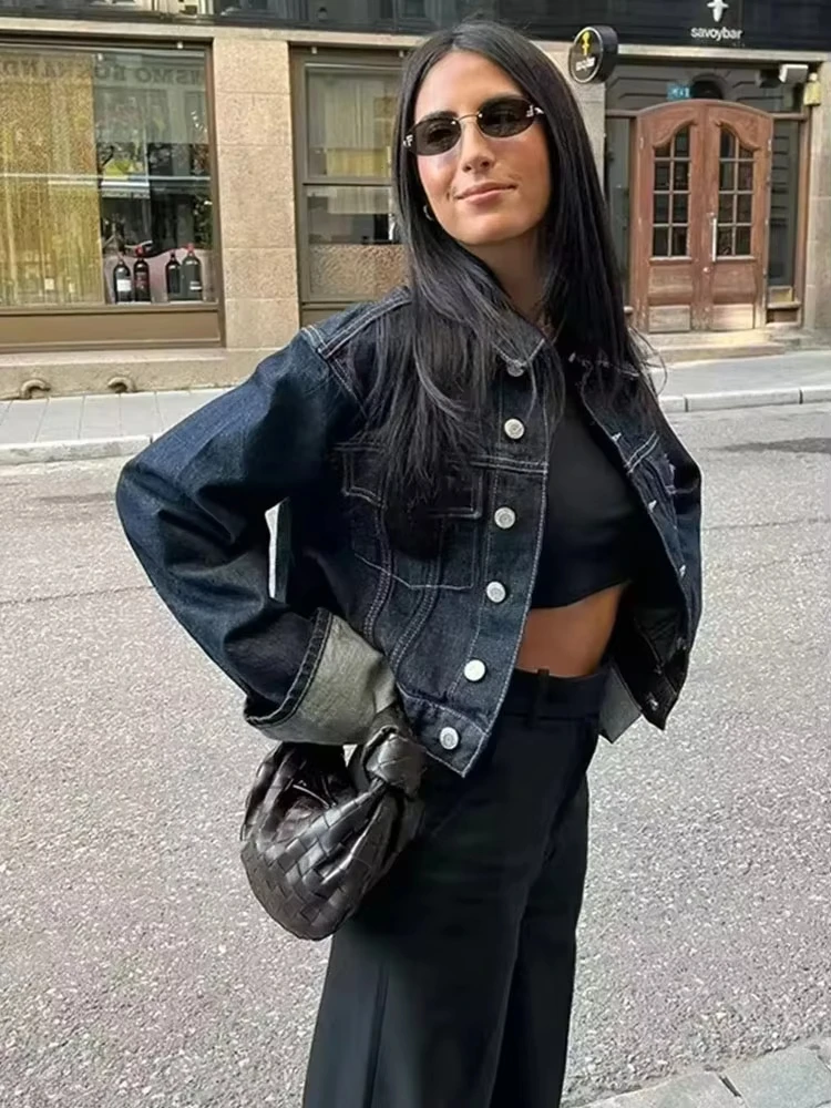 HH Women Vintage Denim Jacket Single Breasted Lapel Long Sleeve Coat With Pockets Dark Blue Denim Jacket Fashion High Street Top