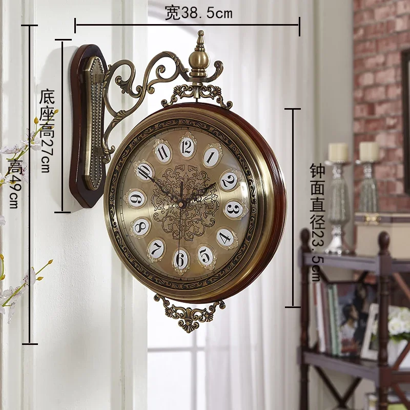 Large Double-side Wood Metal Golden Silent Wall Clock Color:I;Sheet Size:20 inch