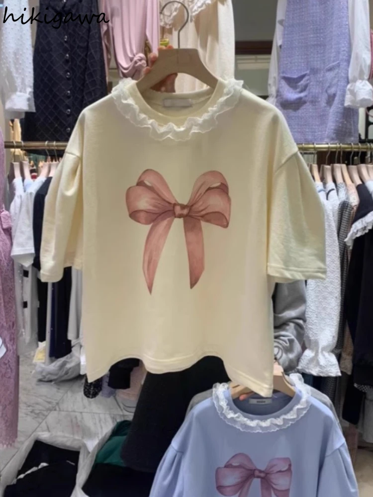 Sweet Daily Solid With Bow O Neck T-Shirts