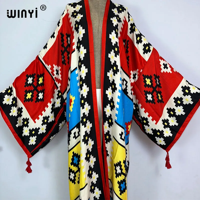 2023 WINYI new Cotton feeling Bikini Cover-ups Bohemian print Front Open Long Kimono kaftan Beach Cover Ups for Swimwear Dresses