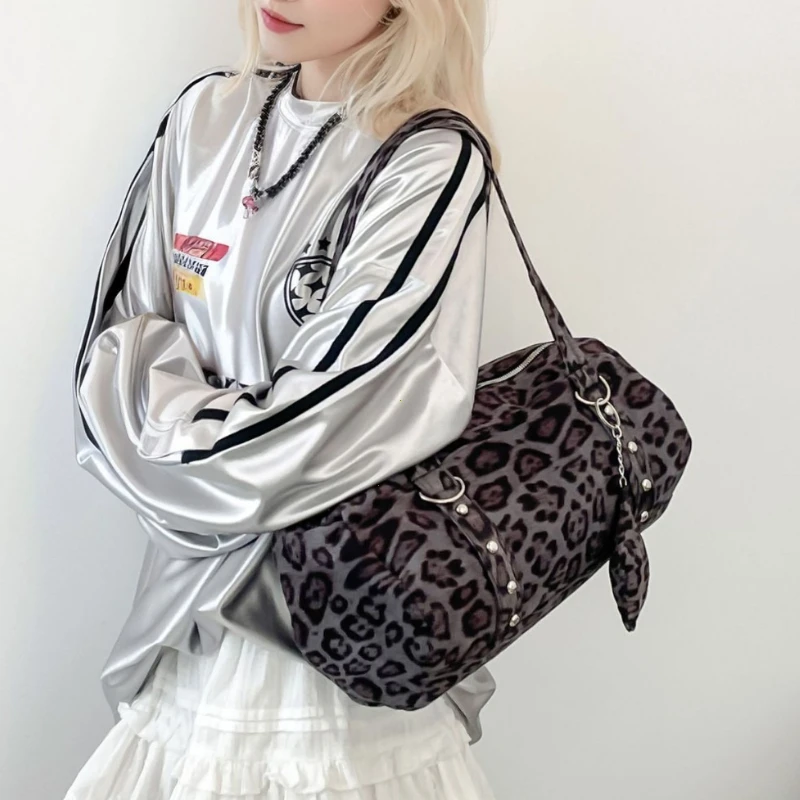 Fashionable Large Capaci oulder Bag Underarm Star Leopard Print Spicy Girl Y2K Single Shoulder Bag Soft Nylon Women's Handbag