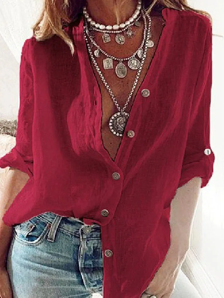 Women Loose Fit V Neck Long Sleeve Blouse