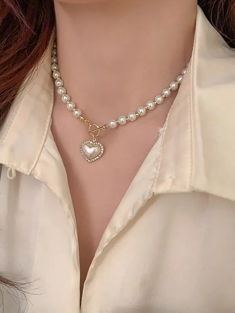 S338d5e81d17c4c1cadbf9744ca040251e Elegant Pearl Necklace for Women Heart Pendant Necklaces Luxury Imitation Pearls Chain Necklaces Korean Jewelry Girls Gifts Mallzona