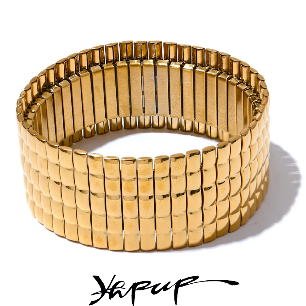 Yhpup 30mm 트렌디 한 스테인레스 스틸 탄성 금속 와이드 팔찌 팔찌 골드 실버 색상 18K PVD 도금 고품질 보석