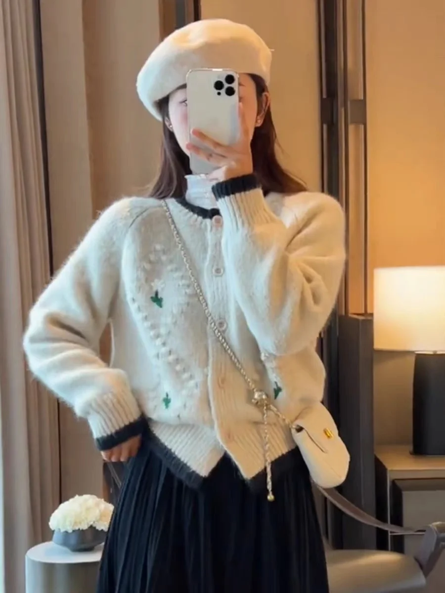 

Office Lady Knitted Women Sweater Japan Style Sweet O-neck Solid Color Knitted Cardigan Causal Vintage Women Lazy Style Knitwear